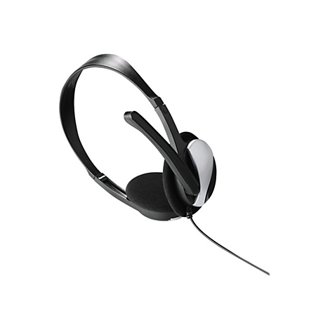 Casque noir avec détails argentés et coussinets d'oreille souples, connexion par câble.