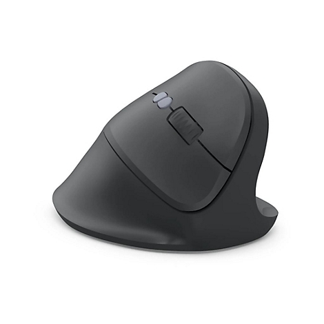 Dunkelgraue, ergonomisch geformte Vertikalmaus vor weißem Hintergrund.