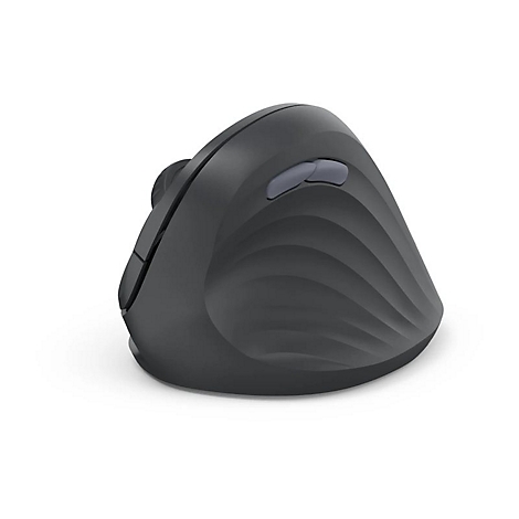 Schwarze, ergonomisch geformte Vertikal-Computermaus mit geschwungenem Design vor weißem Hintergrund.