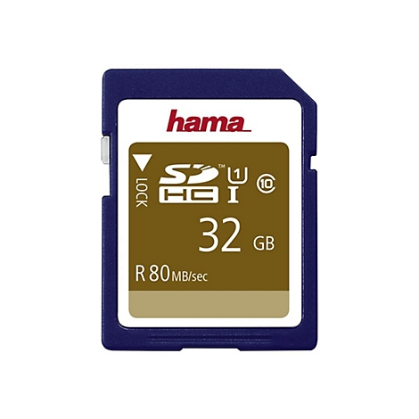 Blaue Hama SD-Karte mit Logo, 32 GB, 80MB/s.