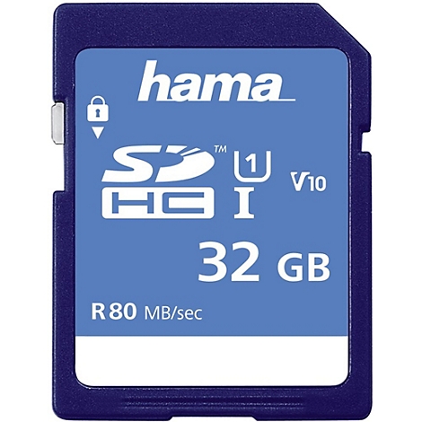 Blaue Hama SDHC-Speicherkarte, 32 GB, Schriftzüge SDHC, V10 und R80 MB/s.