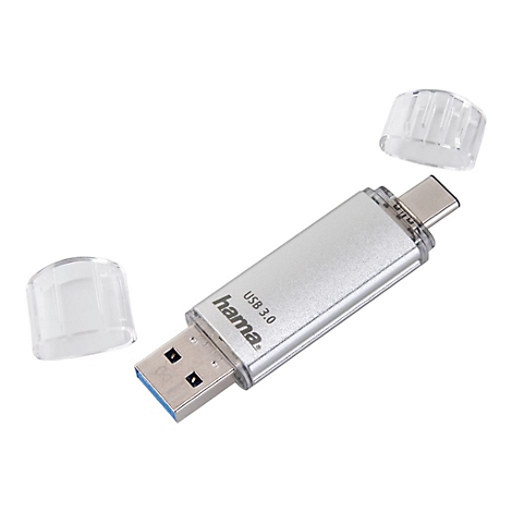 Hama USB-Stick mit USB-A und USB-C Anschluss und zwei transparenten Schutzkappen auf weißem Hintergrund.