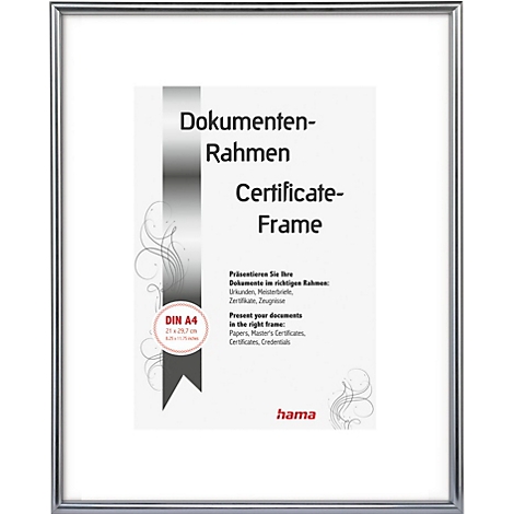 Silberner Dokumentenrahmen mit weissem Passepartout und Aufdruck "Dokumenten-Rahmen Certificate-Frame" von Hama.