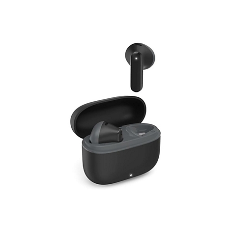 Schwarze kabellose In-Ear-Kopfhörer mit offenem Ladecase vor weißem Hintergrund.