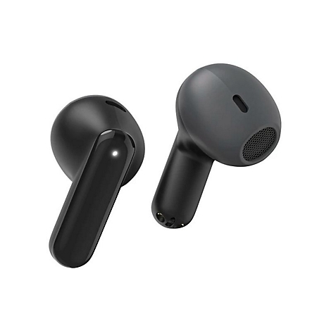 Zwei schwarze In-Ear-Kopfhörer vor weißem Hintergrund, einer mit sichtbarer Lade-LED.