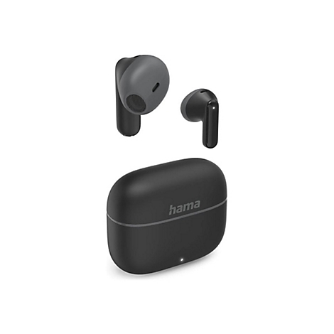 Schwarze kabellose Bluetooth-Ohrhörer von Hama mit Ladestation vor weißem Hintergrund.
