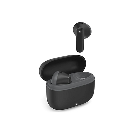 Schwarze kabellose In-Ear-Kopfhörer mit Ladecase vor weißem Hintergrund.