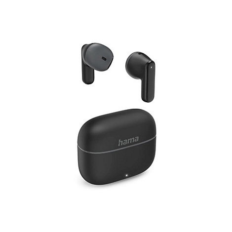 Schwarze kabellose Hama In-Ear-Kopfhörer mit Ladecase vor weißem Hintergrund.