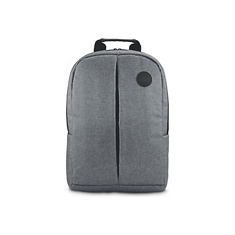 Grauer, minimalistischer Hama-Laptoprucksack mit vertikalem Reißverschluss und schwarzem Logo-Emblem vor weißem Hintergrund.
