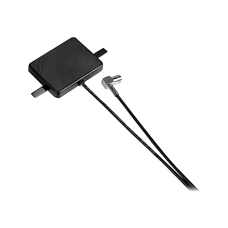 Schwarzer Metall-Adapter mit zwei Kabeln und abgewinkeltem Stecker.