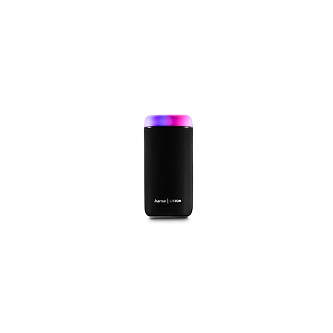 Haut-parleur Bluetooth noir avec effet de lumière coloré sur fond blanc.