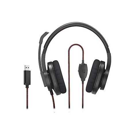 Schwarzes Gaming-Headset mit USB-Anschluss, faltbarem Mikrofon und kabelgebundener Fernbedienung vor weißem Hintergrund.