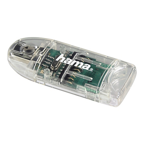 Transparenter Hama USB-Kartenleser mit grüner Platine und 'hama' Schriftzug.