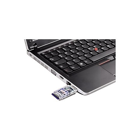 Ein Laptop mit einem eingesteckten Kartenleser; Hama-Schriftzug sichtbar.