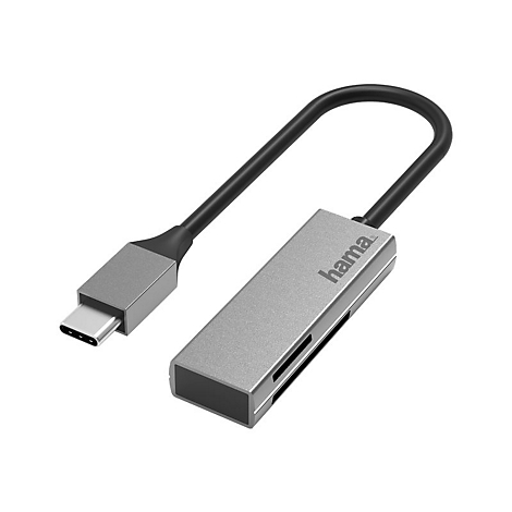 Hama USB-C-Adapter in Grau mit Kabel und verschiedenen Anschlüssen auf weißem Hintergrund.