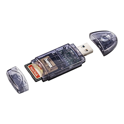 Transparenter USB 3.0 Kartenleser mit eingesteckter SD-Karte, zwei abgenommene Schutzkappen liegen daneben.