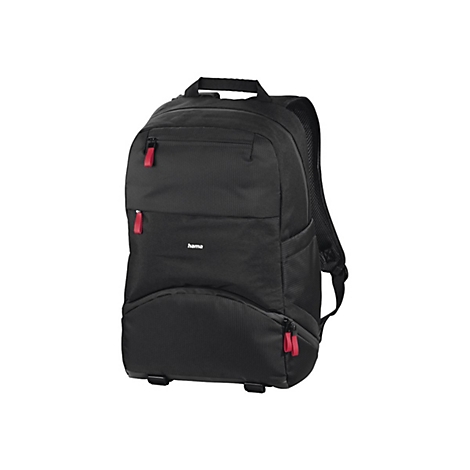 Schwarzer Hama Rucksack mit roten Reißverschluss-Akzenten vor weißem Hintergrund.
