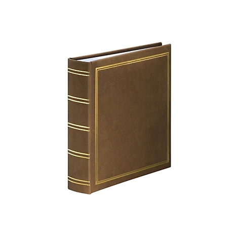 Ein braunes Fotoalbum mit goldener Linienprägung auf dem Buchrücken und dem Einband.