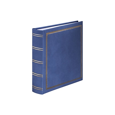 Ein aufrecht stehendes, marineblaues Fotoalbum mit goldener Linienprägung auf dem Buchrücken und Deckel.