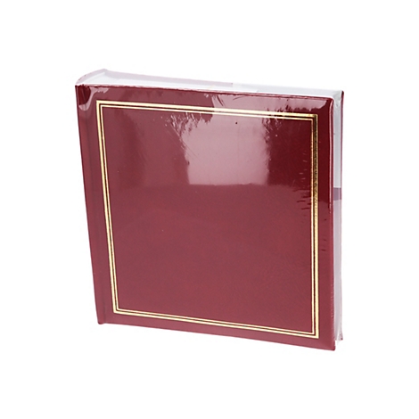 Dunkelrotes Fotoalbum mit goldener Rahmenprägung auf dem Deckel, originalverpackt in transparenter Folie.