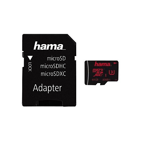 Deux cartes mémoire noires avec lettrage blanc et rouge : Adaptateur et microSD, microSDHC, microSDXC.