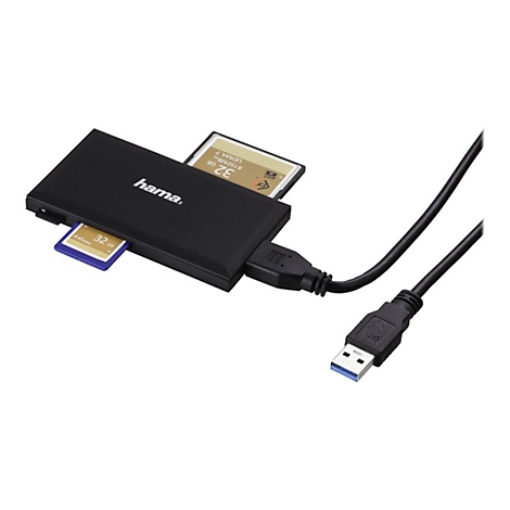 Schwarzer Hama Speicherkartenleser mit eingesteckten SD- und CF-Karten sowie USB-Anschlusskabel.