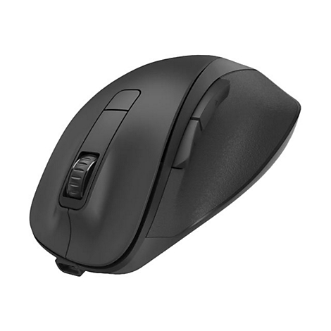 Schwarze, ergonomische kabellose Computermaus aus einer seitlichen Perspektive vor weißem Hintergrund.
