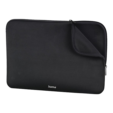 Schwarze Hama Laptoptasche aus Neopren, teilweise geöffnet, vor weißem Hintergrund.
