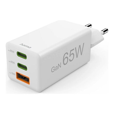 Weißes Hama GaN-Ladegerät mit 65 Watt, zwei USB-C-Anschlüssen und einem USB-A-Anschluss vor neutralem Hintergrund.