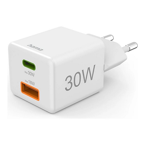 Weißes Hama USB-Ladegerät mit 30W-Aufdruck, einem grünen USB-C- und einem orangen USB-A-Anschluss.