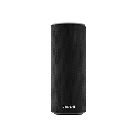 Schwarzer, zylindrischer Bluetooth-Lautsprecher der Marke Hama vor weißem Hintergrund.