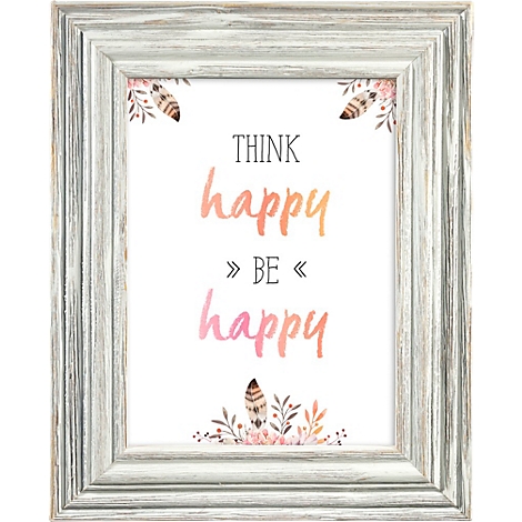 Ein gerahmtes Bild mit der Aufschrift THINK happy BE happy. Der Rahmen ist weiss und hat einen Vintage-Look.