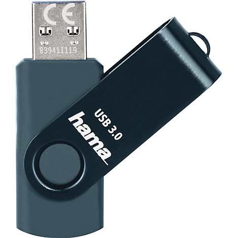 Clé USB bleu foncé Hama. La clé indique 'USB 3.0'. La partie métallique porte un marquage 'CE' et le numéro '839411119'.