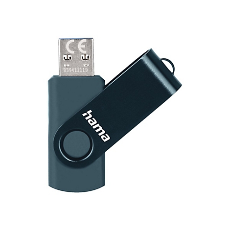 Clé USB Hama bleu foncé, capuchon ouvert. Le stick indique "hama".