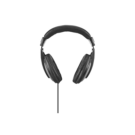 Schwarze, kabelgebundene Over-Ear-Kopfhörer vor weißem Hintergrund.