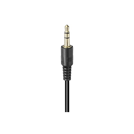 Goldener 3,5 mm Klinkenstecker an einem schwarzen Kabel vor weißem Hintergrund.