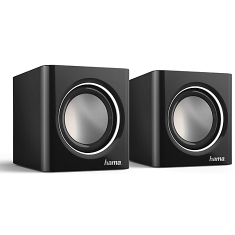 Deux enceintes noires avec des membranes argentées. Le lettrage "hama" est présent à l'avant.
