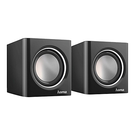 Deux haut-parleurs noirs avec des membranes de haut-parleur argentées. 'hama' est écrit sur le devant.