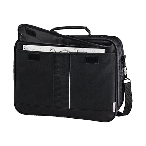 Schwarze Laptoptasche mit geöffnetem Frontfach auf weißem Hintergrund.