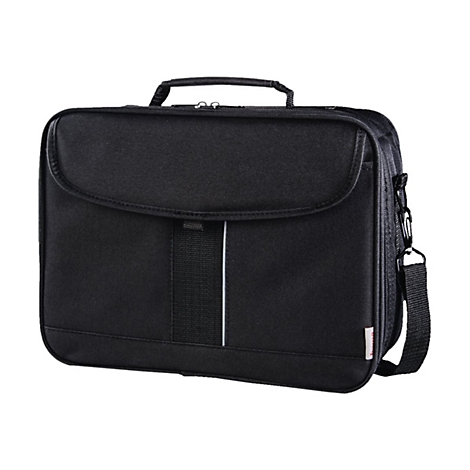 Schwarze Laptoptasche mit Tragegriff, Schultergurt und kleiner roter Markenlasche vor neutralem Hintergrund.