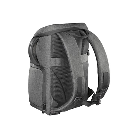 Grauer Kamerarucksack aus Textil mit gepolsterten Schultergurten und schwarzem Netzrücken.