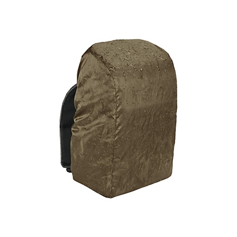 Olivgrüne Regenhülle für Rucksack mit Wassertropfen auf der Oberfläche.