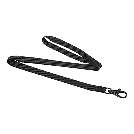 Schwarzes Umhängeband mit einem Metallkarabiner vor weißem Hintergrund.