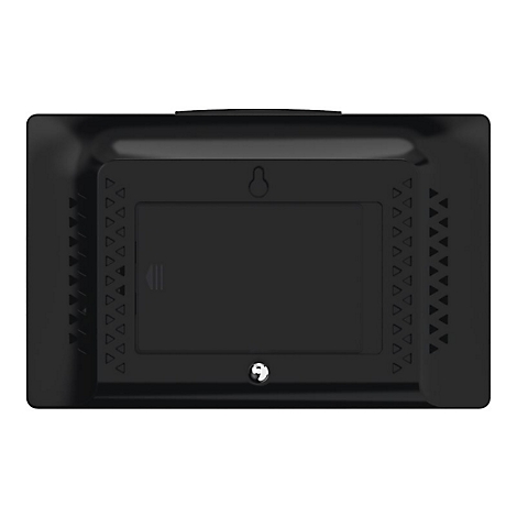 Dos d'un appareil électronique noir. Forme rectangulaire, triangles nervurés sur les bords, petit compartiment au centre.