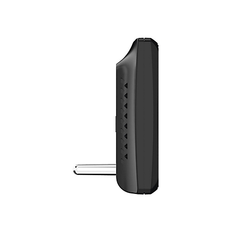 Schwarzes rechteckiges Gerät mit silbernem Stecker, Seitenansicht.