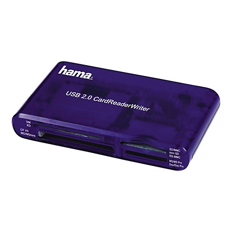 Lila, halbtransparentes Hama USB 2.0 Kartenlesegerät mit verschiedenen Steckplätzen für Speicherkarten.