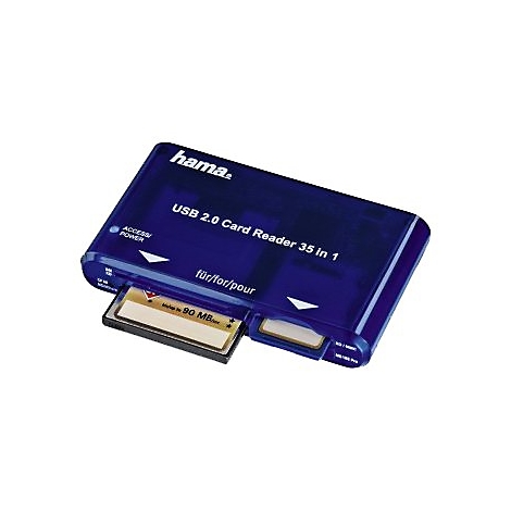 Dunkelblauer, transparenter Hama USB 2.0 Kartenleser mit eingesteckter Speicherkarte vor weißem Hintergrund.