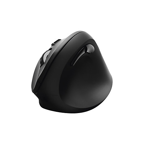 Schwarze ergonomische Maus, seitlich gesehen, mit mehreren KnÃ¶pfen und einer Daumenablage.
