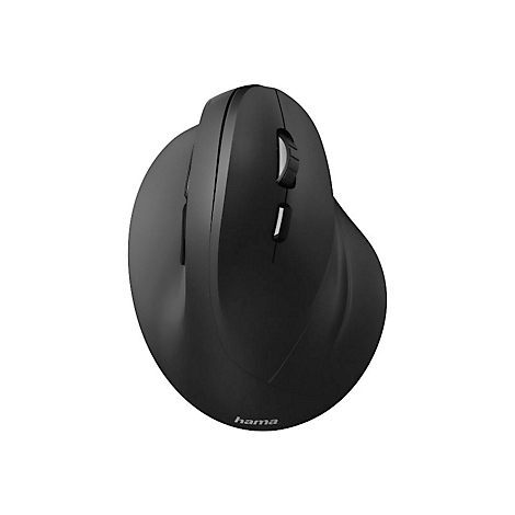 Schwarze, ergonomische vertikale Computermaus der Marke Hama vor weißem Hintergrund.