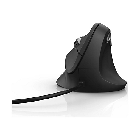 Schwarze, vertikale ergonomische Computermaus mit Kabel in Seitenansicht vor weißem Hintergrund.